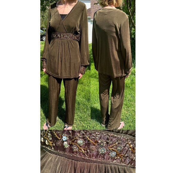 COLDWATER CREEK 2 Piece Vintage Set Size Medium Olive Beaded Sequins Long Sleeve - Picture 1 of 16
